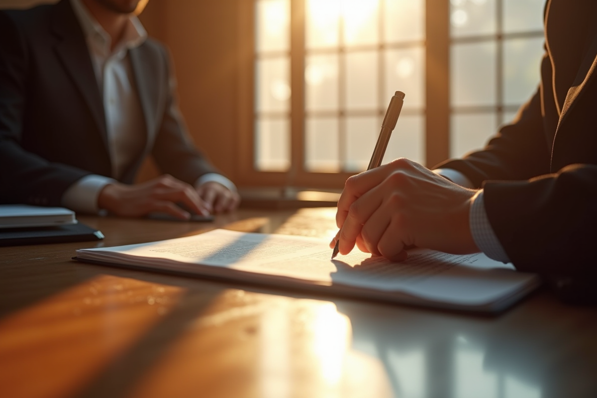 Gros plan sur les mains d'un juge tenant des documents dans une salle d'audience ensoleillée