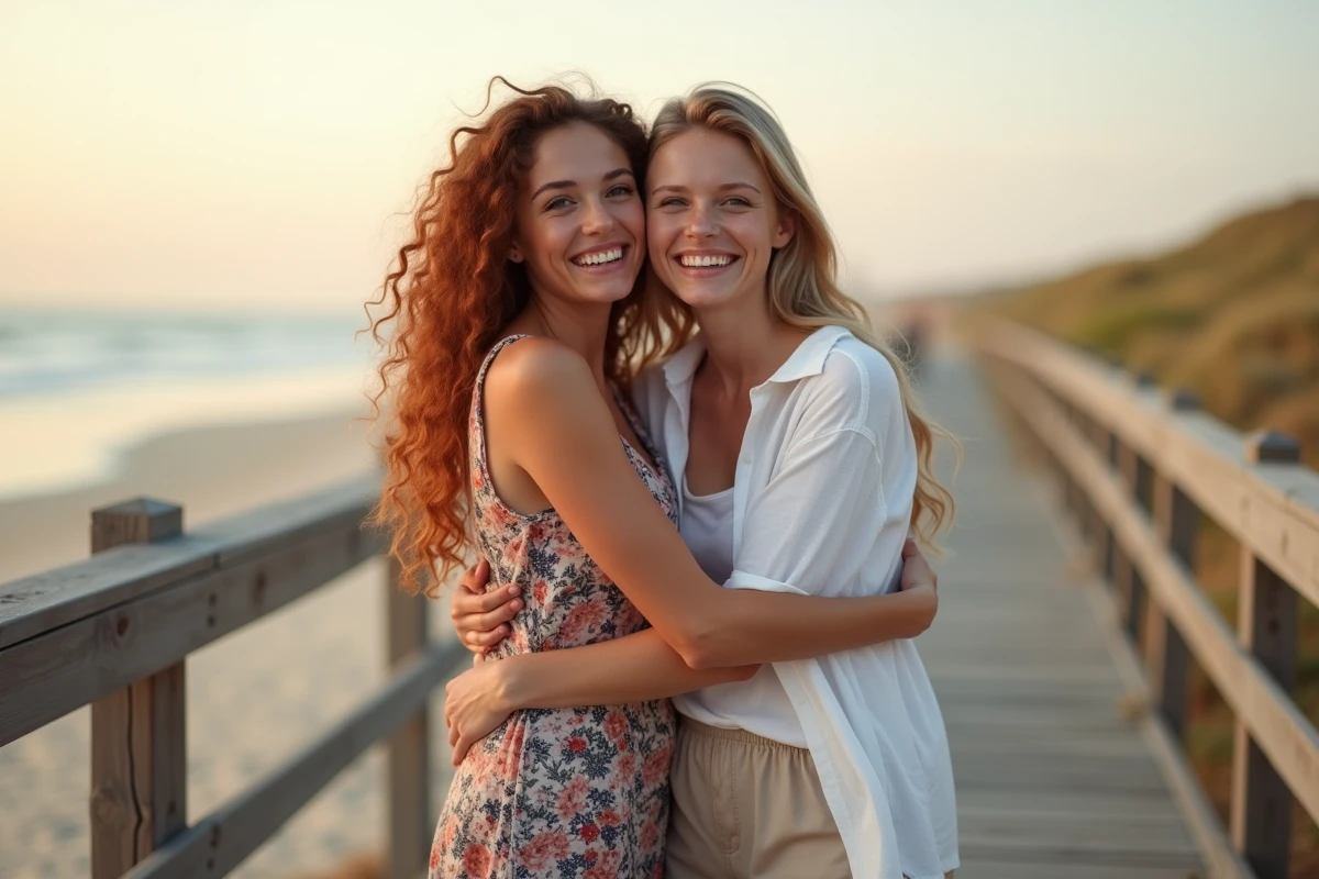 Réconciliation émouvante entre deux candidates de Frenchie Shore sur une promenade en bois face à la mer au coucher du soleil
