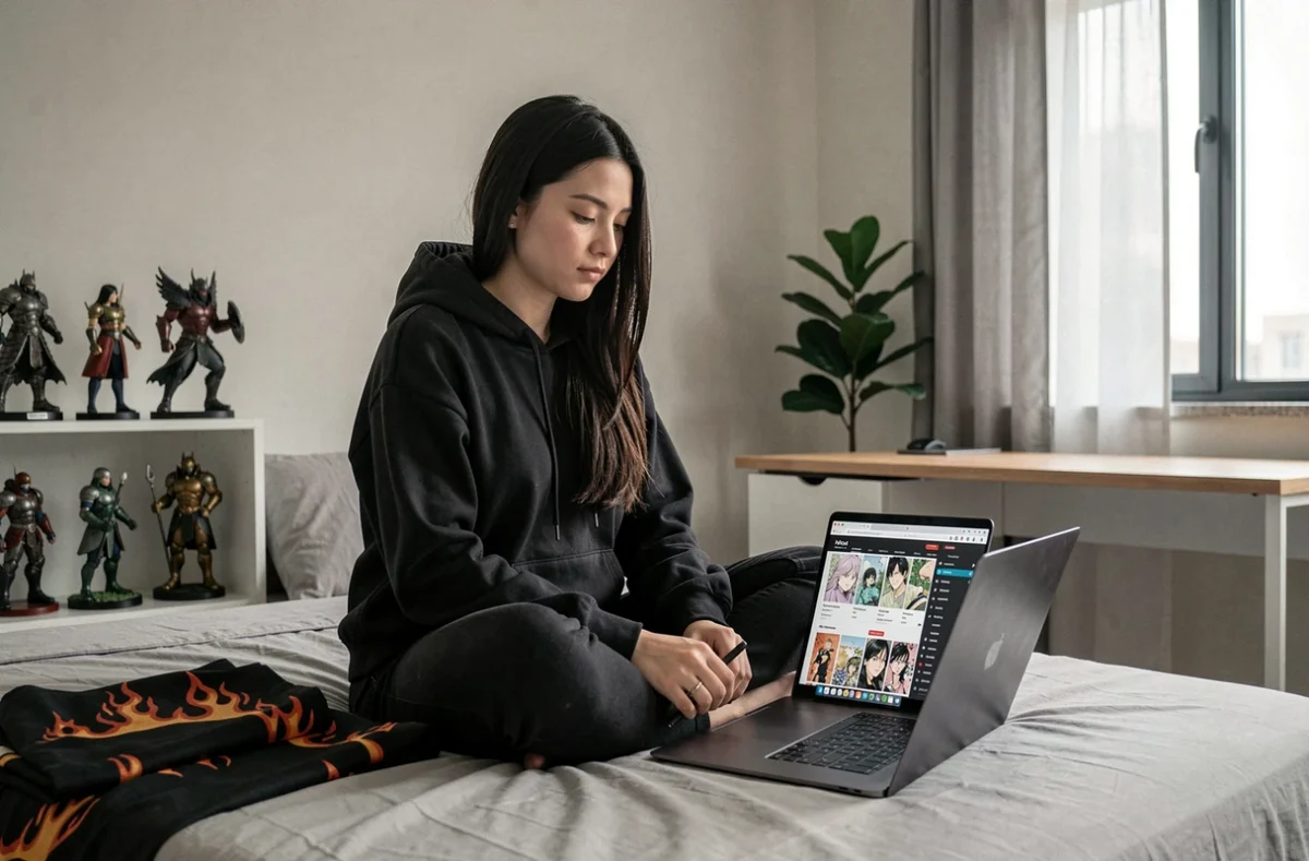 Jeune femme lisant un manga en ligne légalement sur un ordinateur portable dans sa chambre moderne