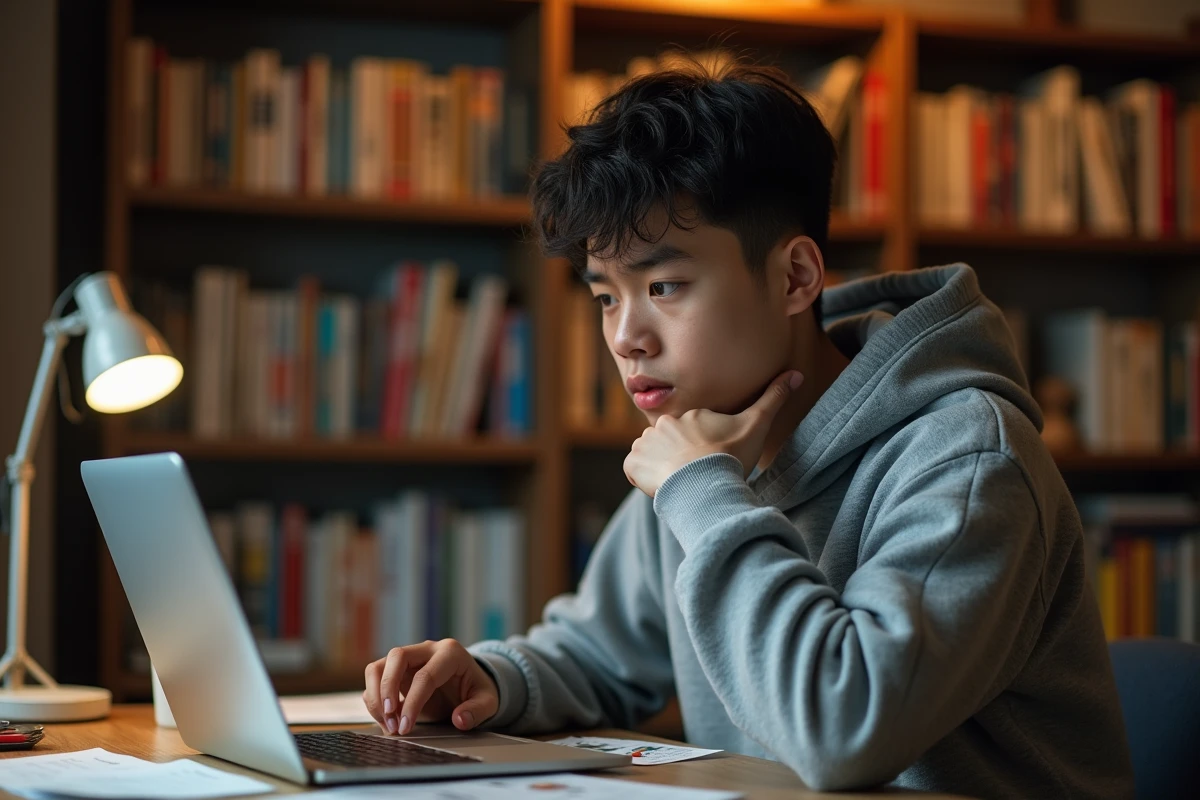 Jeune homme lisant des scans manga sur son ordinateur portable dans un bureau à domicile, illustrant les risques de sécurité liés aux sites de lecture en ligne