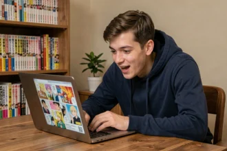 Jeune homme lisant le scan One Piece 1133 en français sur un ordinateur portable dans un bureau cosy entouré de mangas