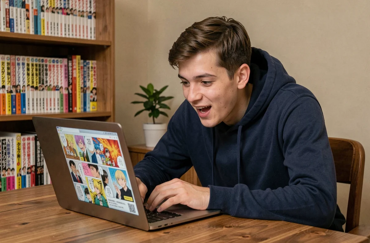 Jeune homme lisant le scan One Piece 1133 en français sur un ordinateur portable dans un bureau cosy entouré de mangas