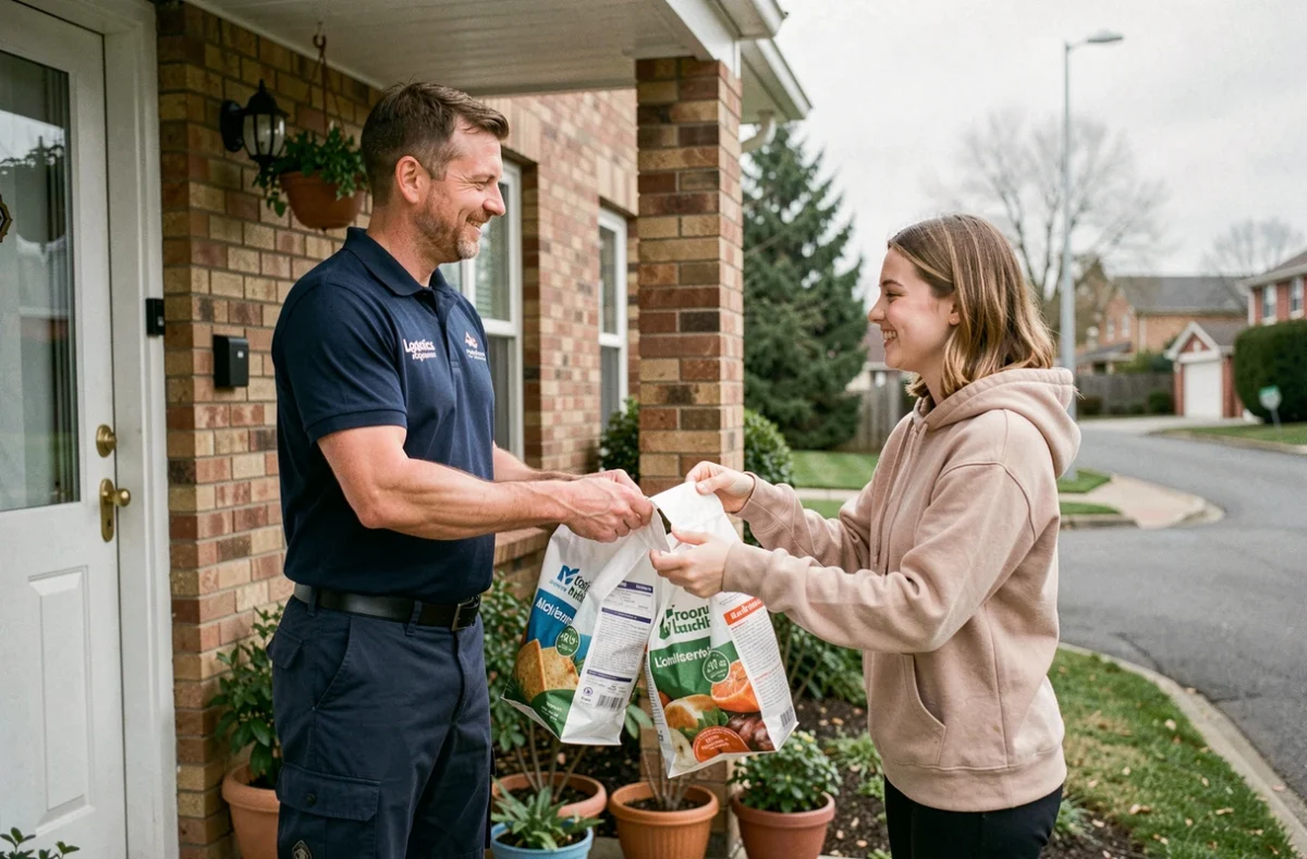 Livreur remettant des sacs de courses Carrefour à une cliente devant sa maison en livraison à domicile