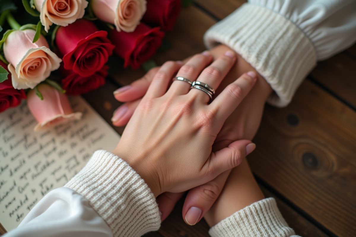Mains entrelacees avec bagues de mariage et roses