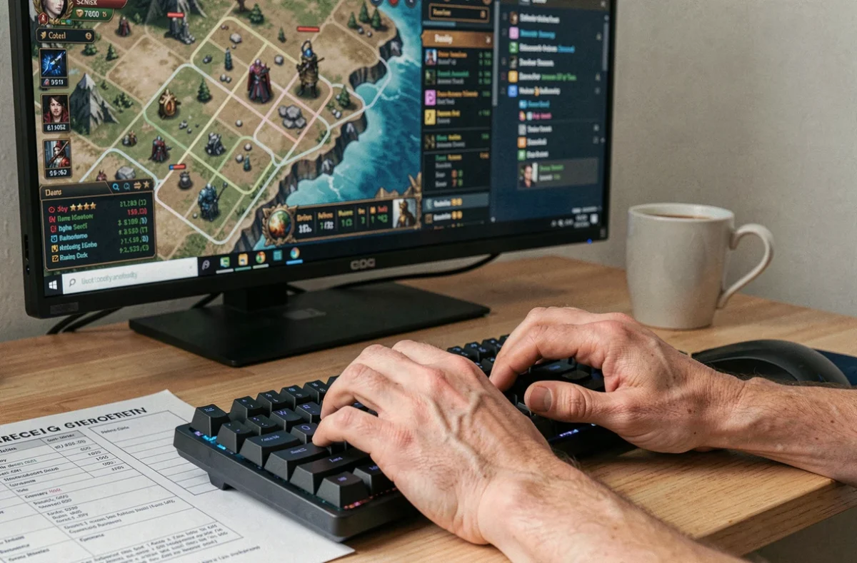 Mains de joueur tapant sur un clavier mécanique avec stratégie de farm Dofus affichée sur écran