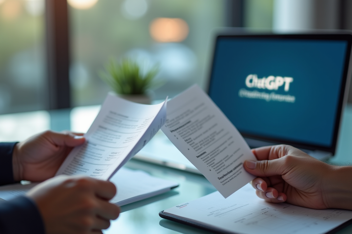 Mains tenant documents en anglais et français avec logo ChatGPT en arrière-plan