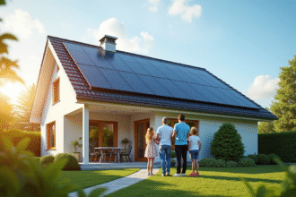 Maison moderne avec panneaux solaires sur le toit et famille