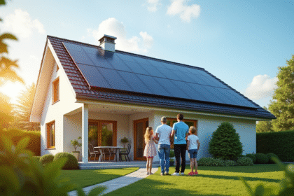 Maison moderne avec panneaux solaires sur le toit et famille
