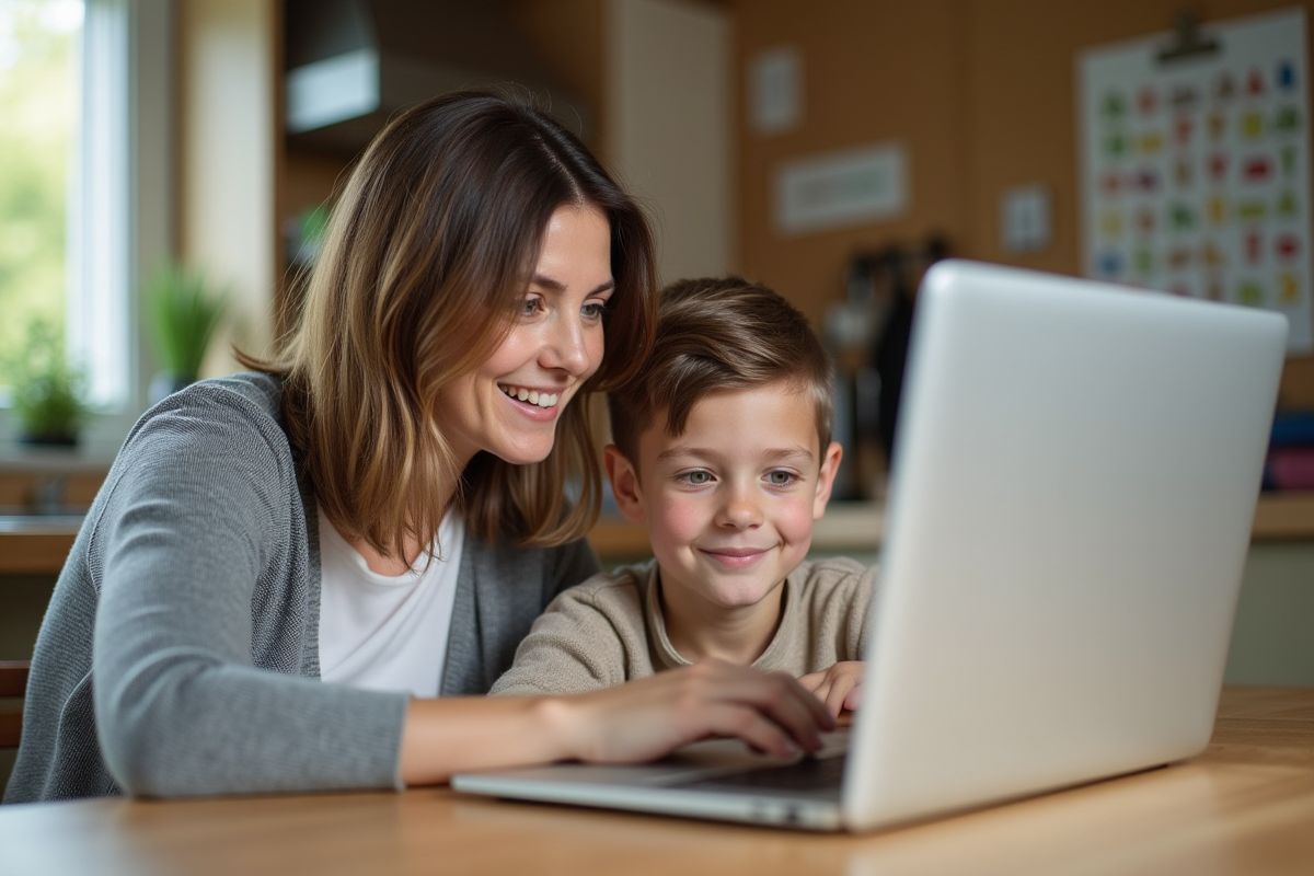 Femme et enfant regardant un ordinateur dans la cuisine