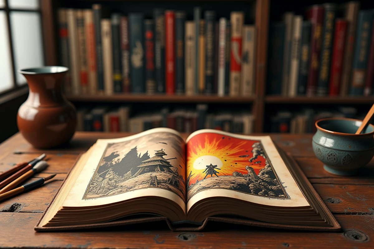 Volume manga Demon Slayer ouvert sur une scène de Rengoku en combat posé sur un bureau en bois avec accessoires japonais traditionnels