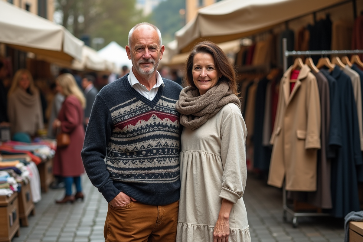 Homme et femme au marché avec vêtements variés