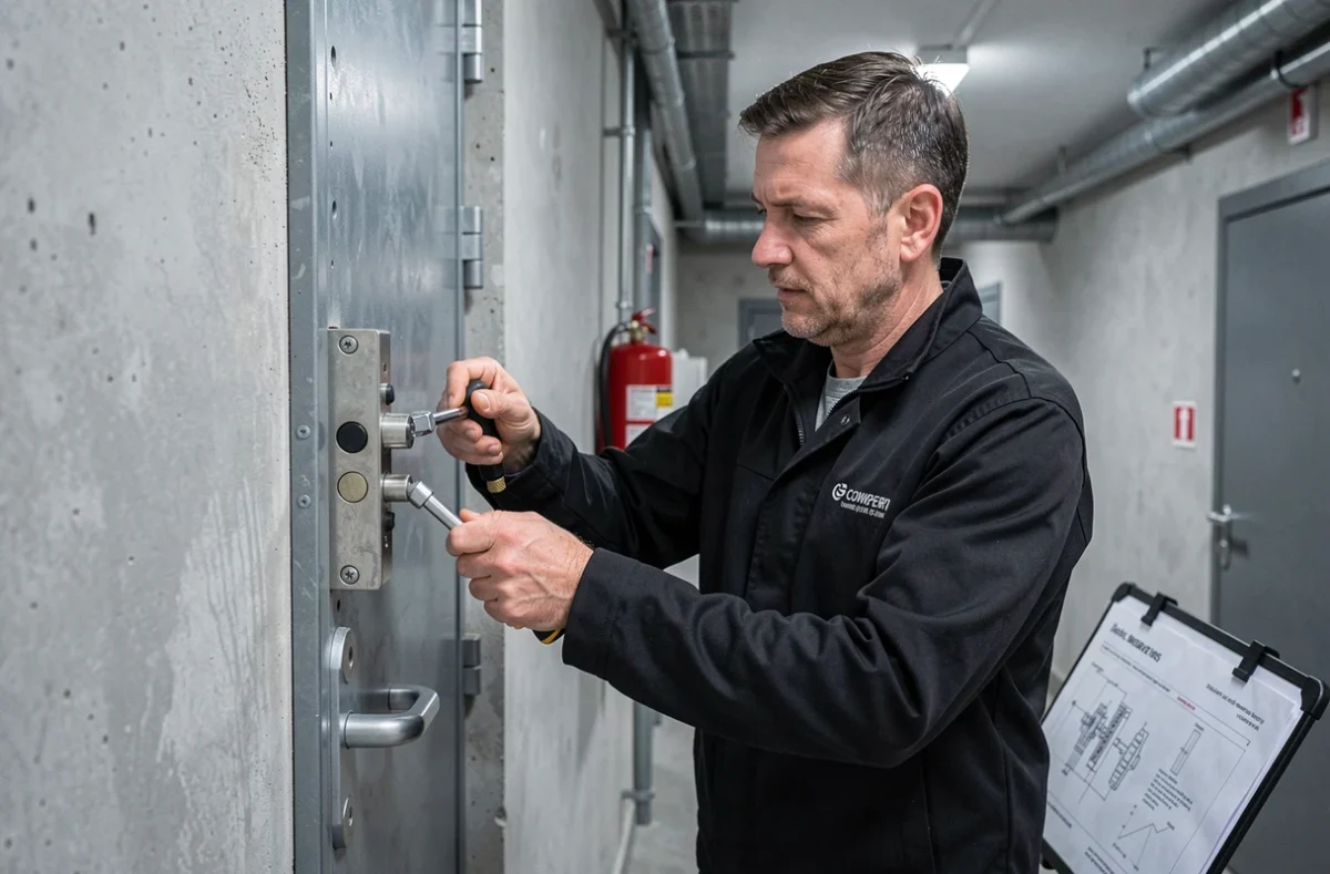 Technicien MC Pro Bâtiment installant une serrure multipoints sur une porte blindée dans le 92