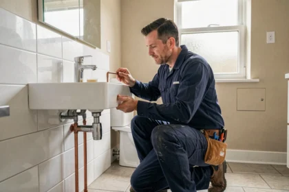 Un plombier professionnel inspecte des canalisations sous un lavabo dans une salle de bain moderne, représentant les meilleurs plombiers du Maine-et-Loire