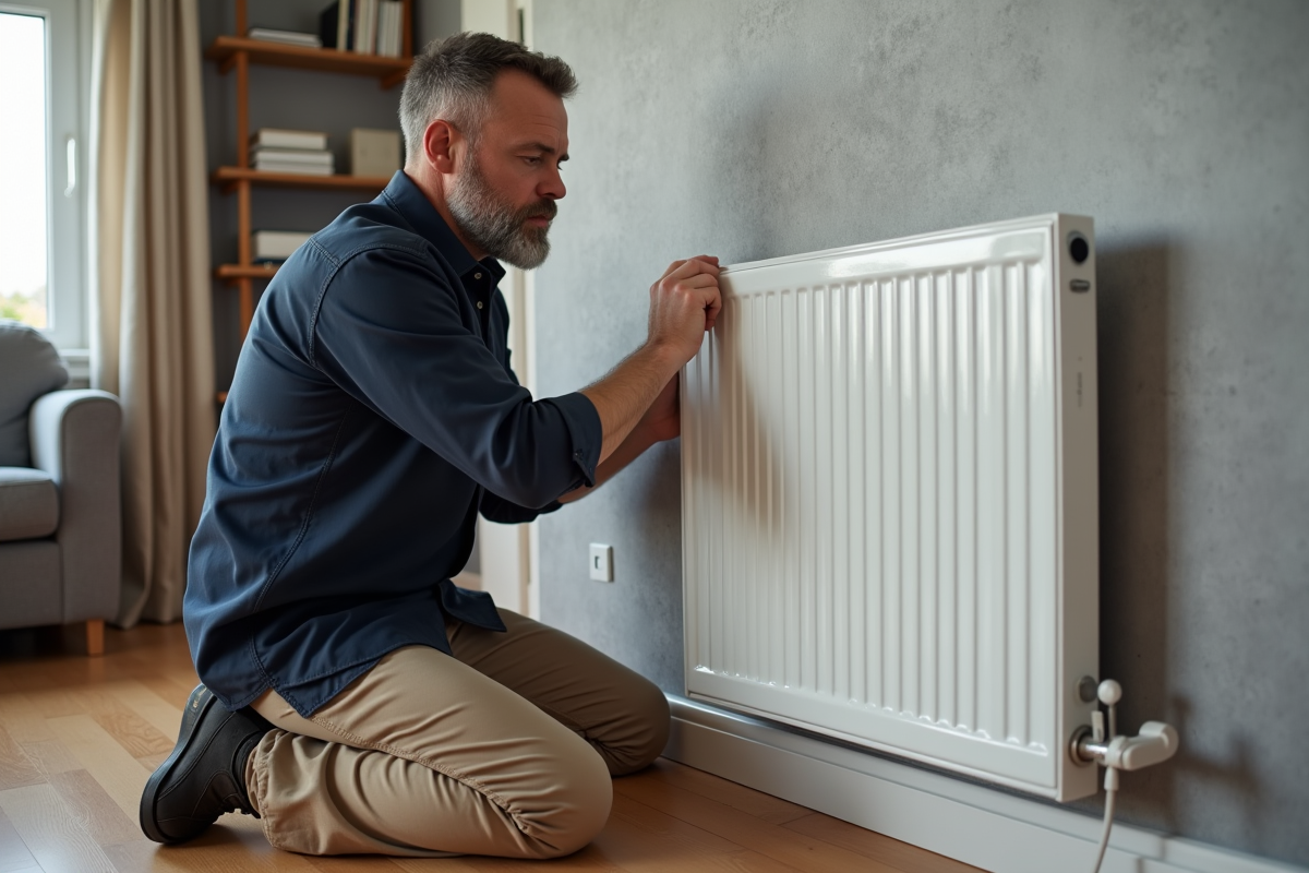 Homme moyenâgeux installe un radiateur électrique blanc dans un salon