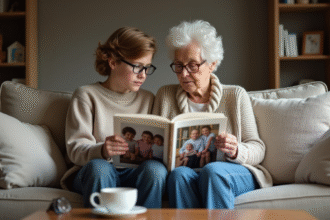 Une mère âgée et sa fille adolescente regardent un album photo ensemble
