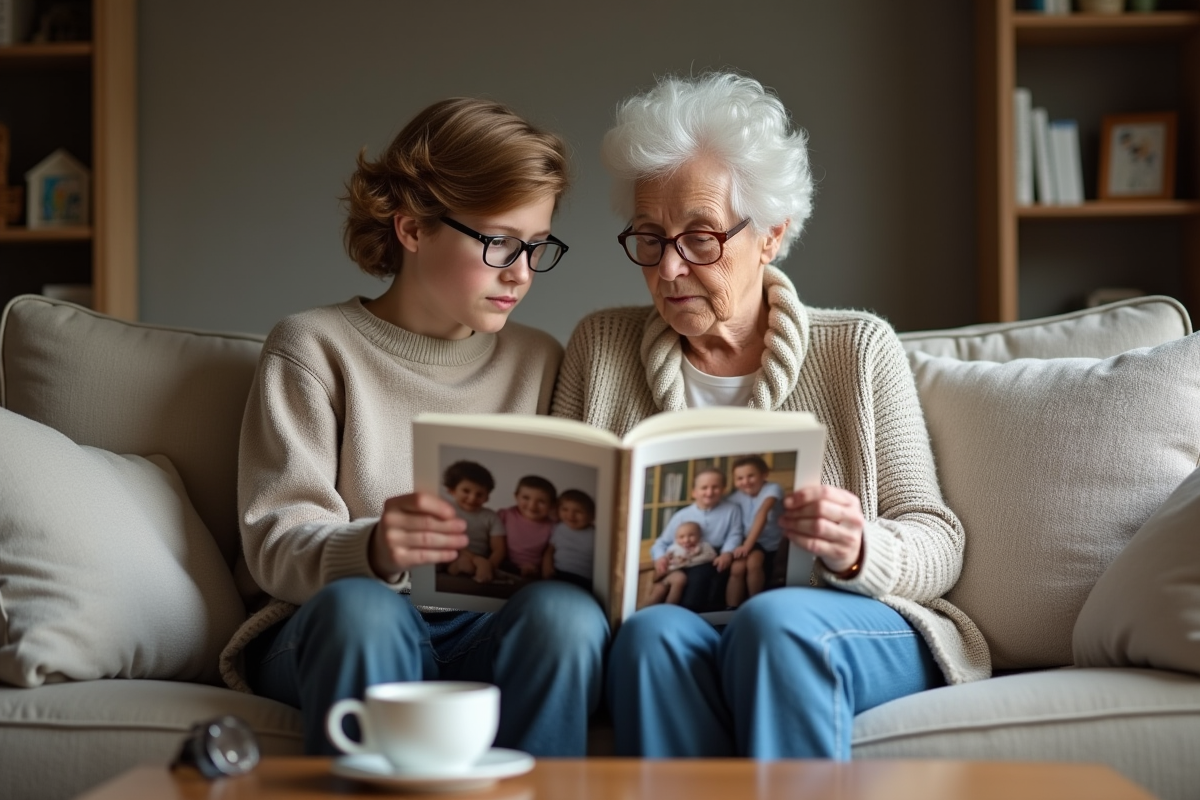 Une mère âgée et sa fille adolescente regardent un album photo ensemble