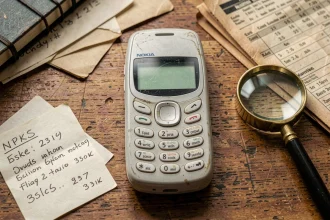 Nokia ancien modèle 3310 posé sur un bureau en bois avec des notes d'estimation de valeur et une loupe