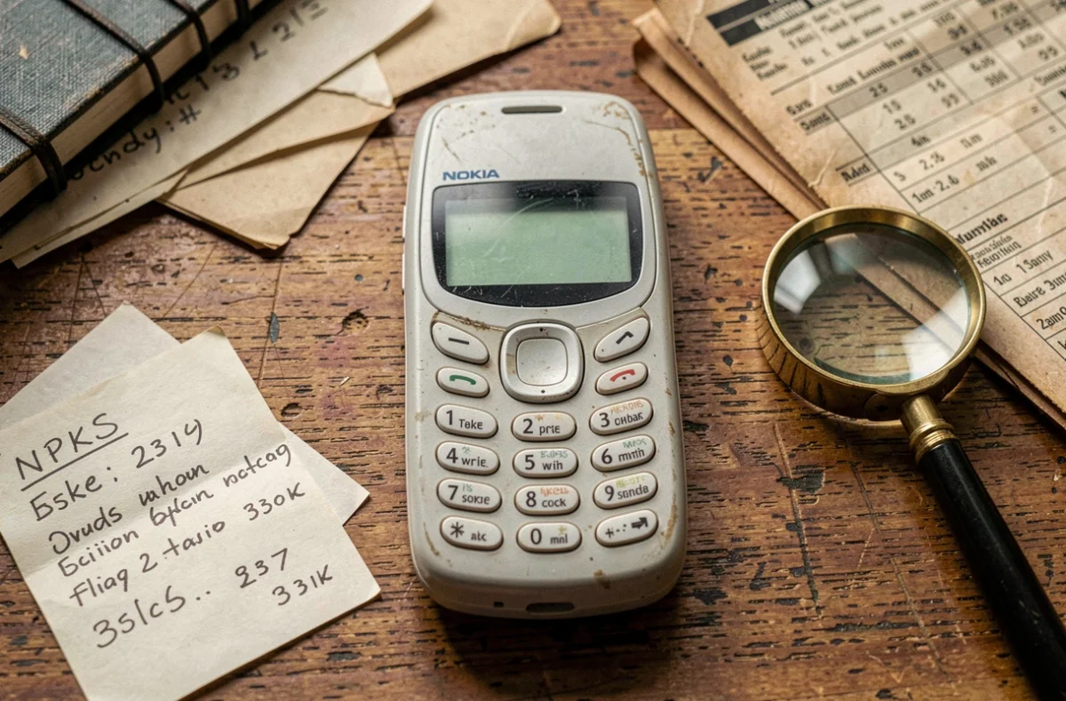 Nokia ancien modèle 3310 posé sur un bureau en bois avec des notes d'estimation de valeur et une loupe