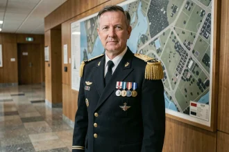 Officier de l'armée de l'air française en uniforme de cérémonie devant une carte aérienne au quartier général militaire