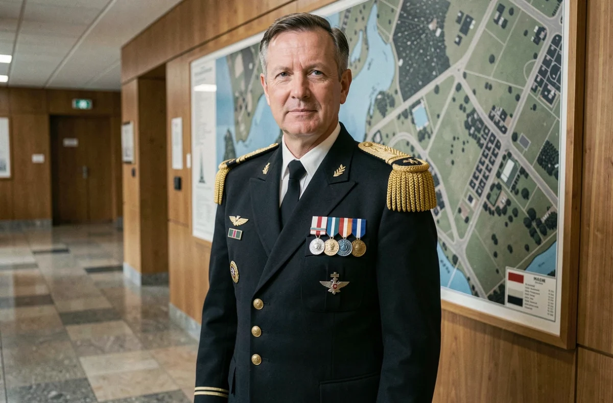 Officier de l'armée de l'air française en uniforme de cérémonie devant une carte aérienne au quartier général militaire