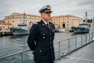 Officier de la Marine nationale en uniforme sur le pont d'un navire militaire au port de Toulon avec l'arsenal en arrière-plan