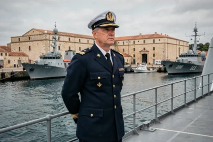 Officier de la Marine nationale en uniforme sur le pont d'un navire militaire au port de Toulon avec l'arsenal en arrière-plan
