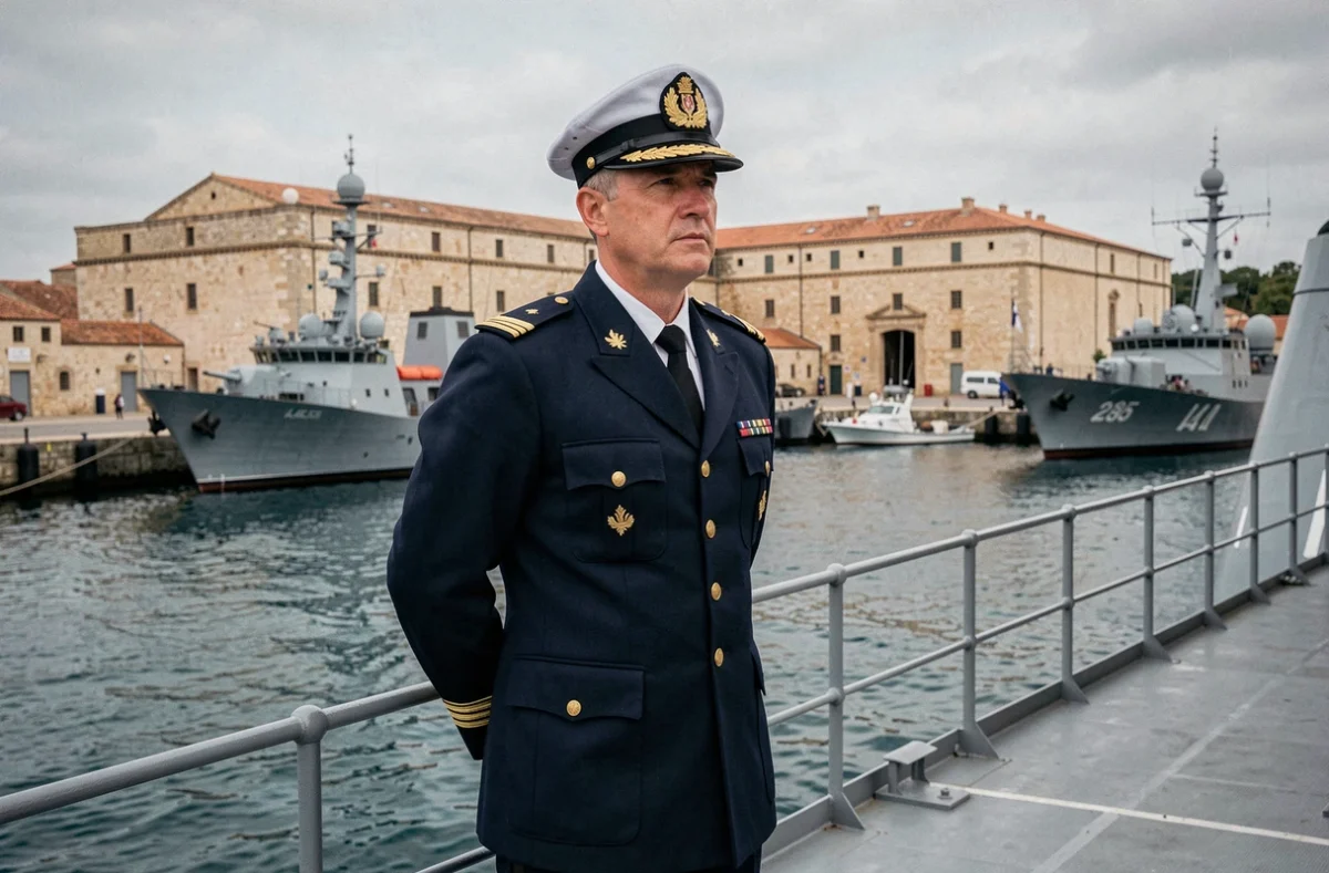 Officier de la Marine nationale en uniforme sur le pont d'un navire militaire au port de Toulon avec l'arsenal en arrière-plan