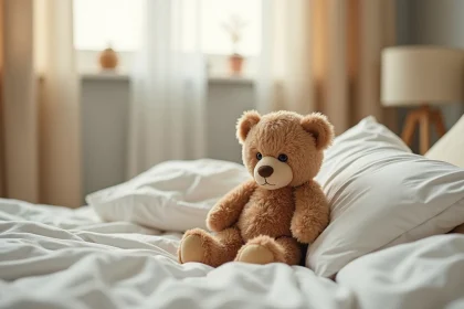 Petit ourson en peluche marron assis sur un lit blanc froissé, évoquant un rêve doux et nostalgique