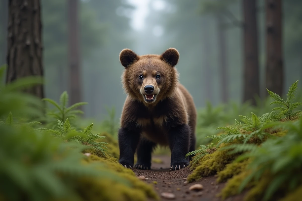 Ourson sauvage à l'air agressif dans une forêt brumeuse, symbolisant un rêve d'ours menaçant