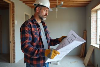 Hommes en chantier de rénovation cuisine avec plans