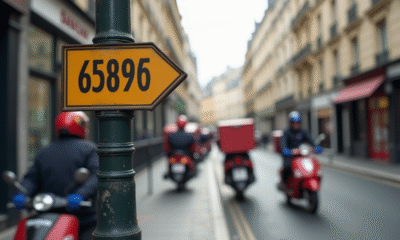 Panneau postal parisien avec scooters en mouvement
