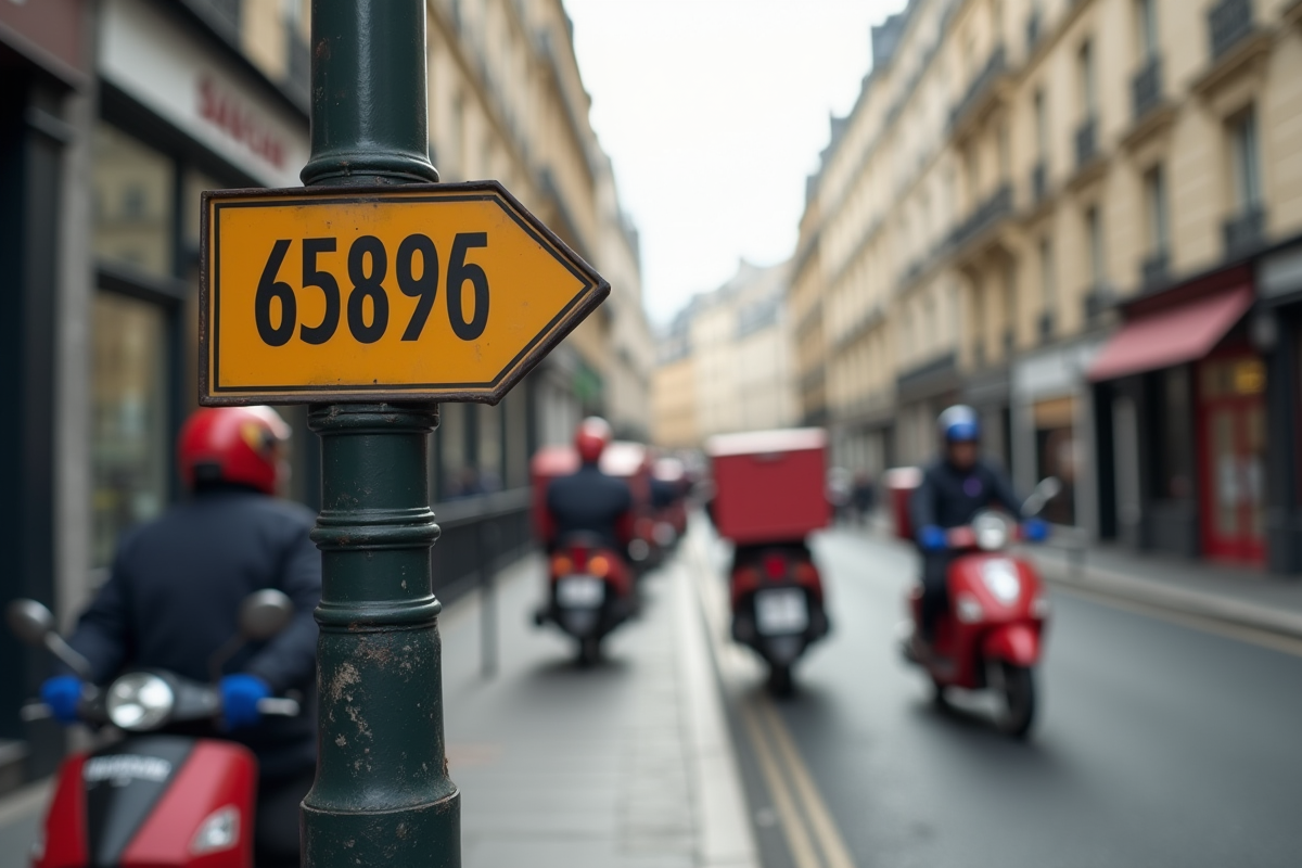 Panneau postal parisien avec scooters en mouvement