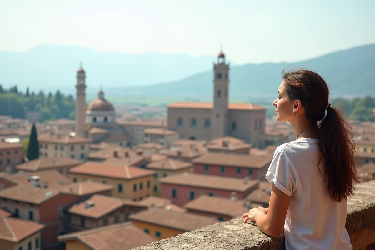 Vue panoramique sur les toits en tuiles rouges d'une ville italienne avec campanile médiéval et collines toscanes en arrière-plan
