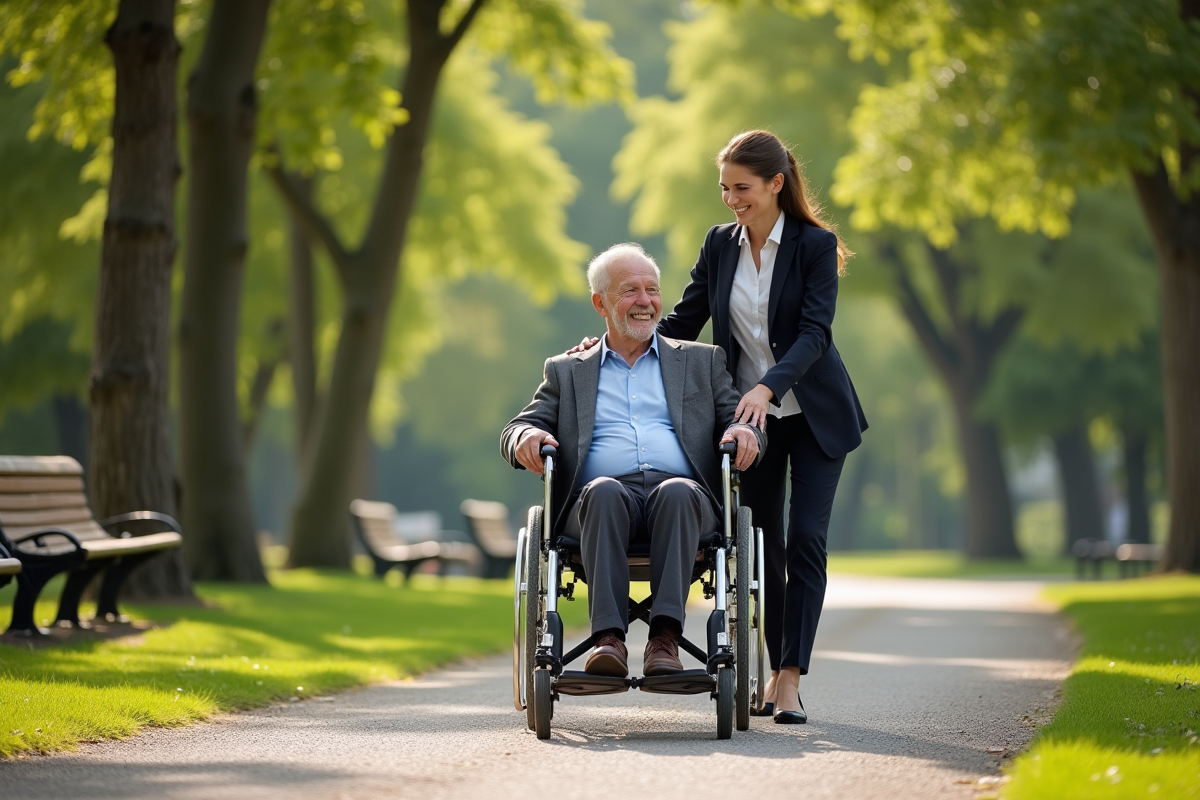 Une fille pousse son père en fauteuil dans un parc ensoleille