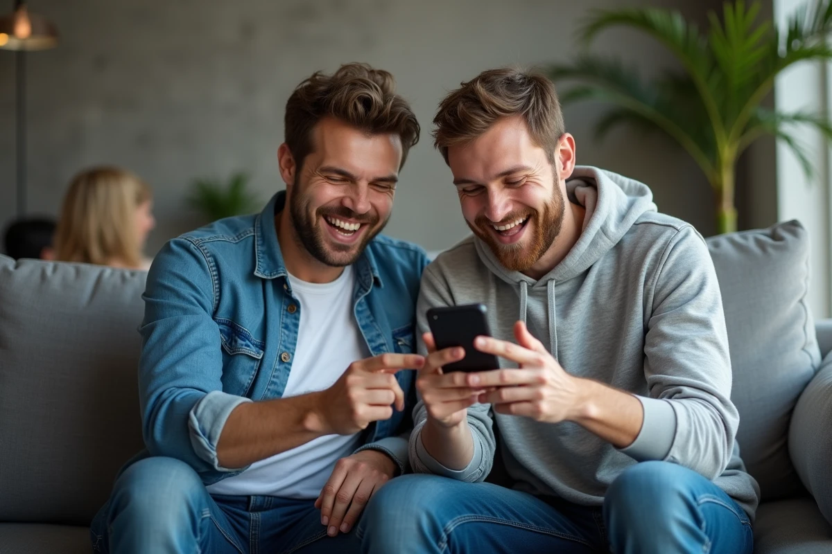 Deux amis partageant un score Sutom sur téléphone dans un salon sans révéler la solution du mot