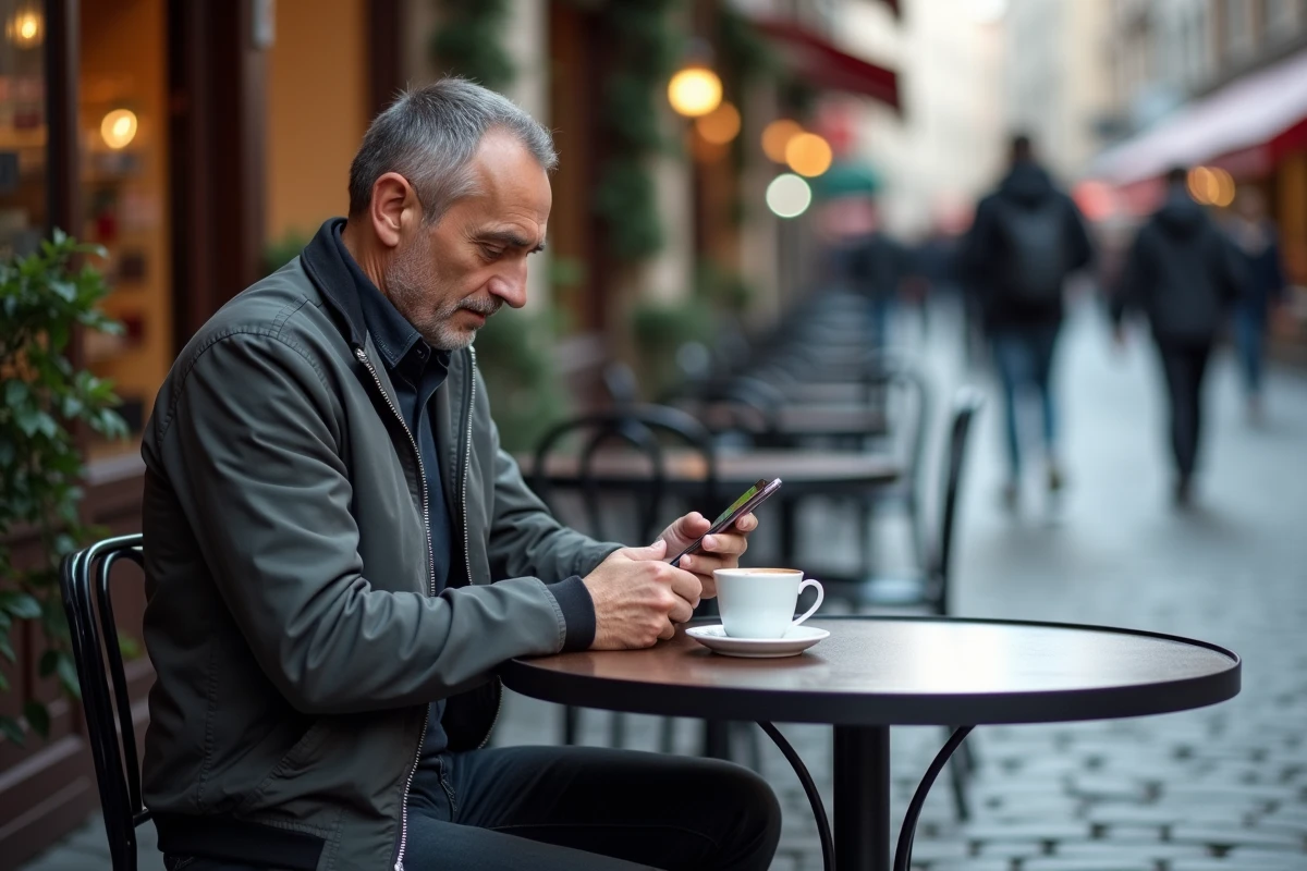 Homme en terrasse de café partageant son score Sutom sans spoiler sur son téléphone