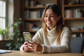Jeune femme partageant son score de jeu de mots Sutom sur smartphone avec un sourire satisfait