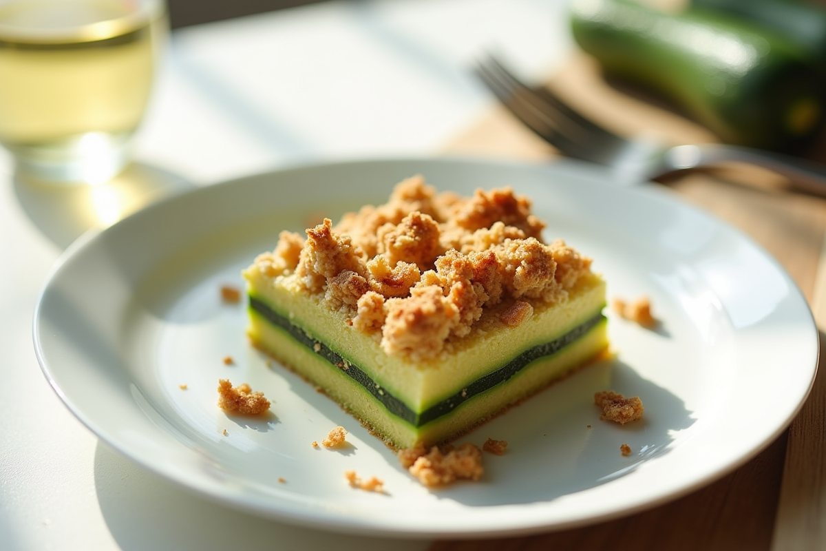 Partie de gratin de courgettes avec verre de vin blanc