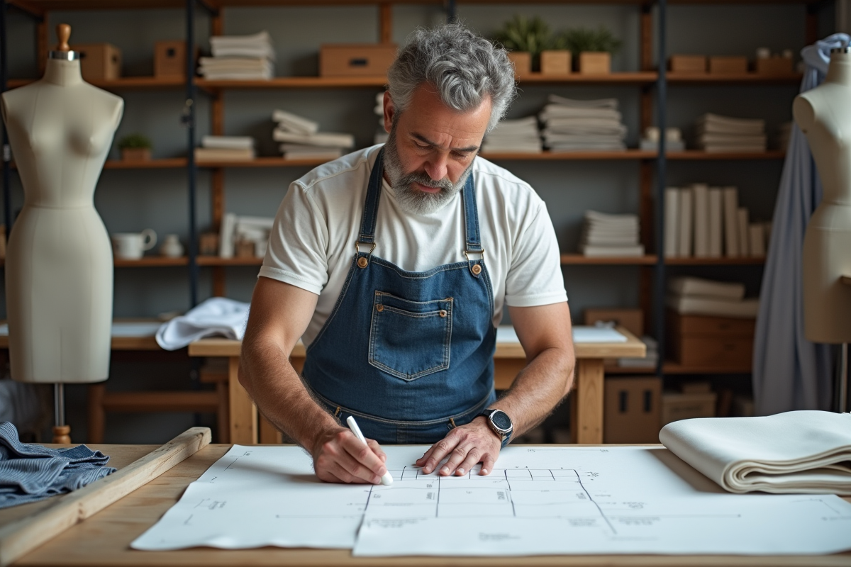Hommes travaillant sur des patrons dans un studio de couture