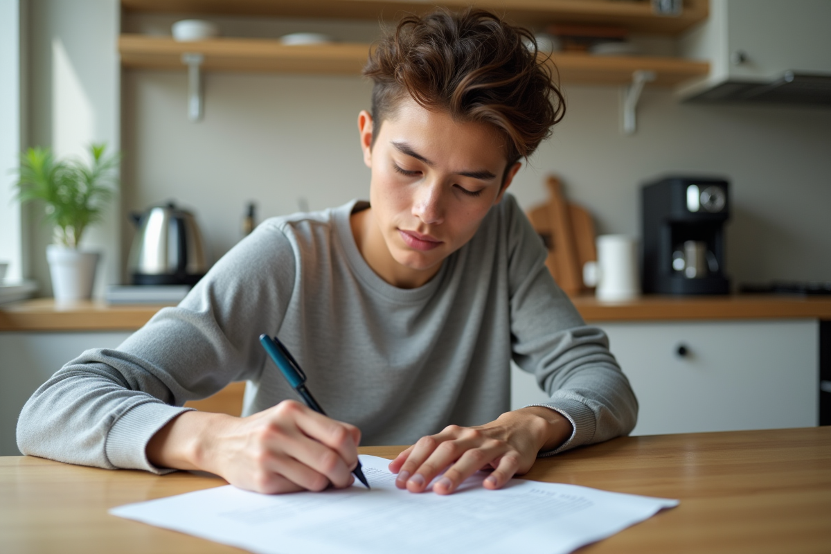 Personne écrivant une lettre à la main dans une cuisine lumineuse