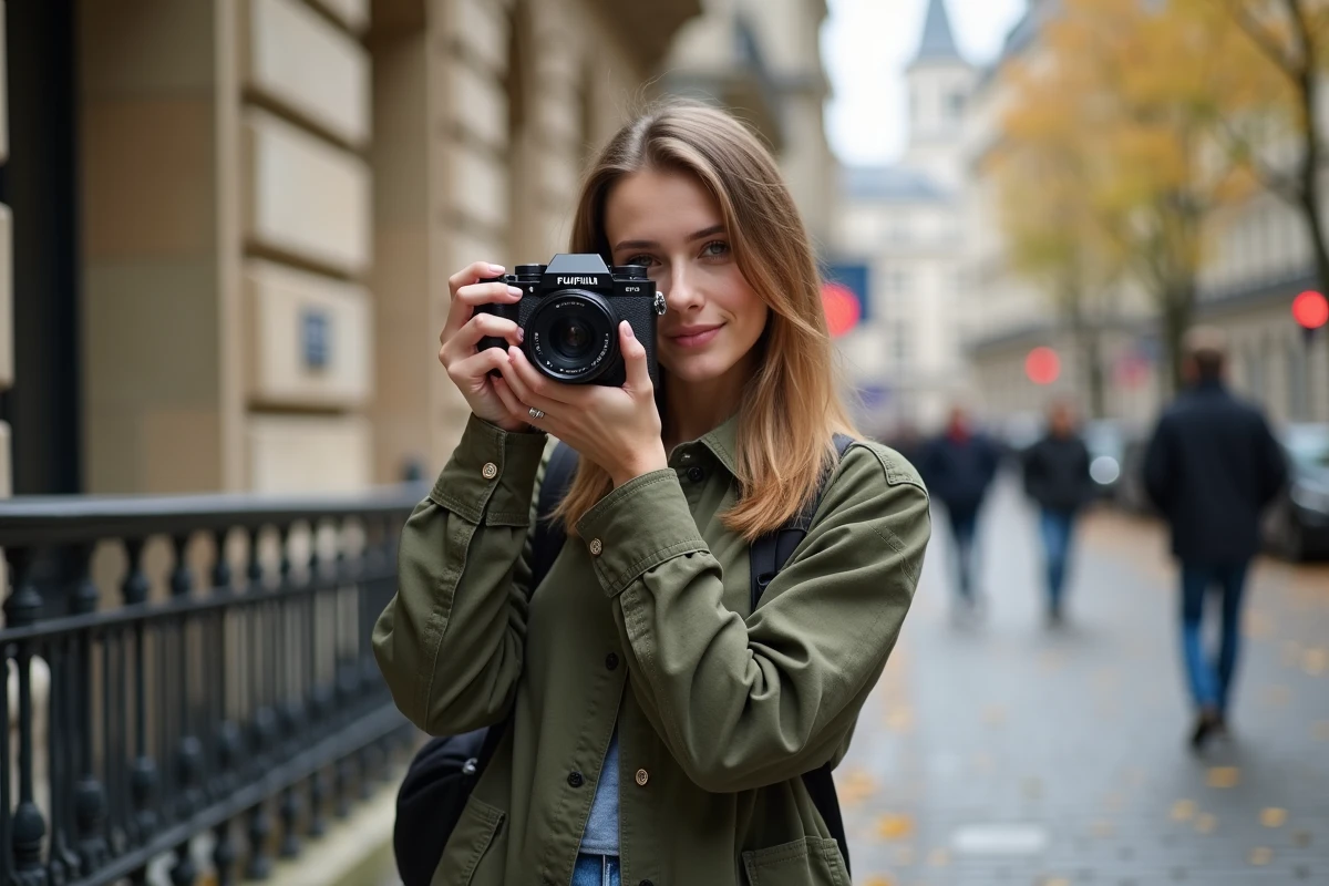 Photographe tenant un Fujifilm X-T20 avec objectif portrait 56mm dans une rue pavée parisienne en automne