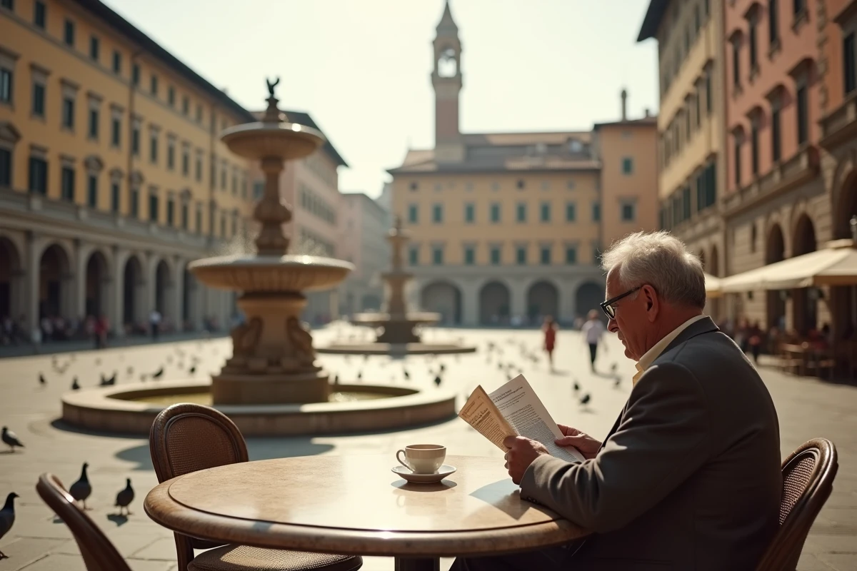 Piazza italienne ensoleillée avec fontaine en pierre, colonnade Renaissance et homme lisant un journal en terrasse de café