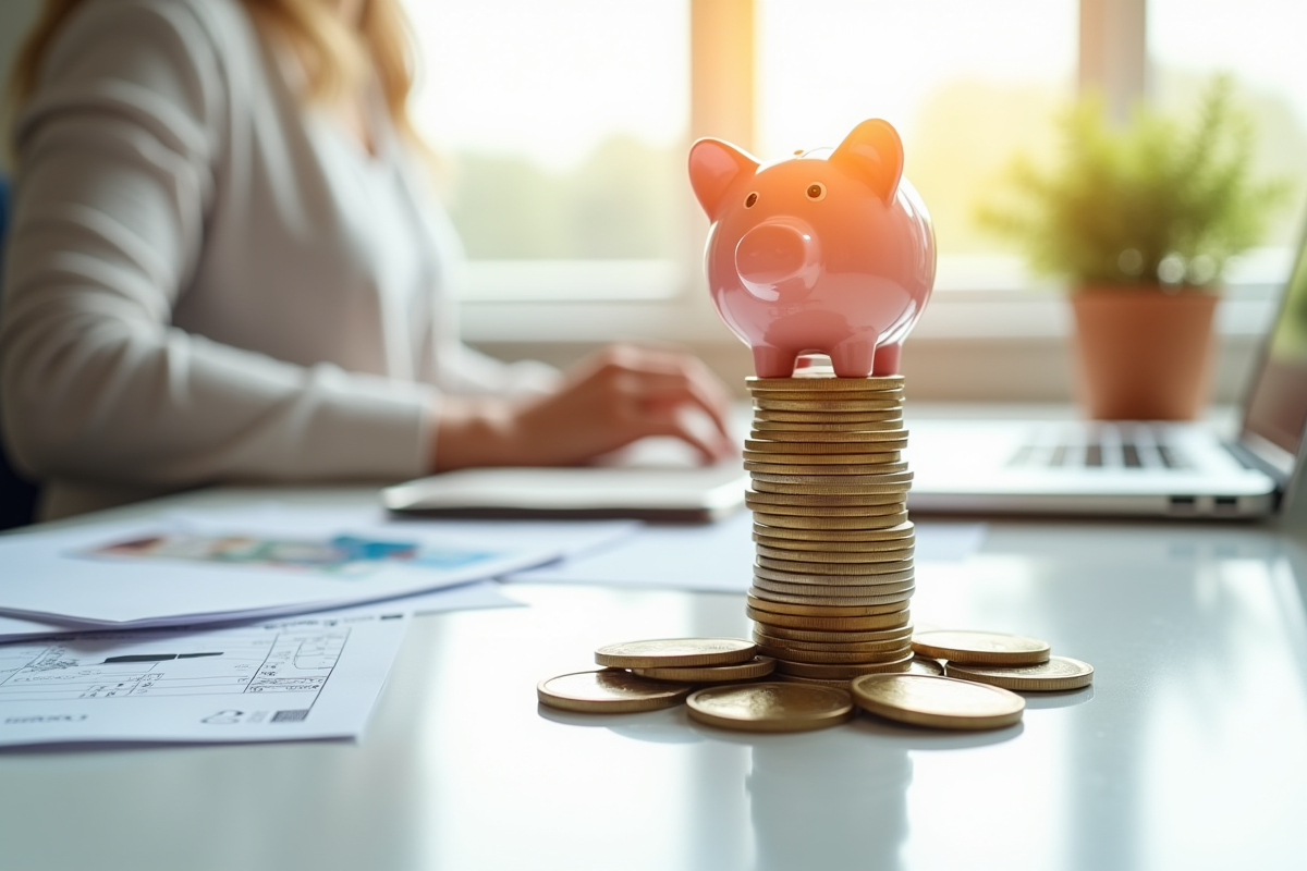 Piles de tirelires avec euros sur un bureau lumineux en home office