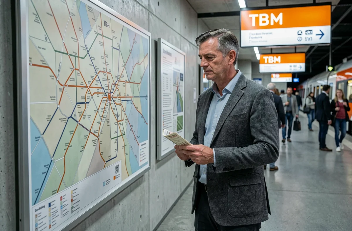 Homme étudiant le plan du réseau de tramway de Bordeaux affiché dans une station TBM