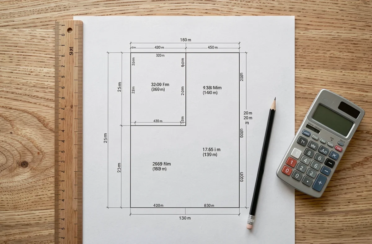 Plan de terrain imprimé avec annotations en mètres carrés et hectares posé sur un bureau en bois avec règle et calculatrice