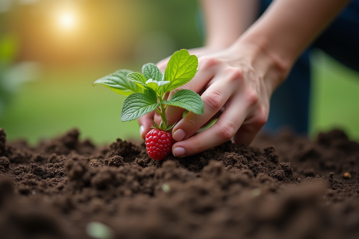 Mains de jardinier plantant une jeune framboise dans la terre