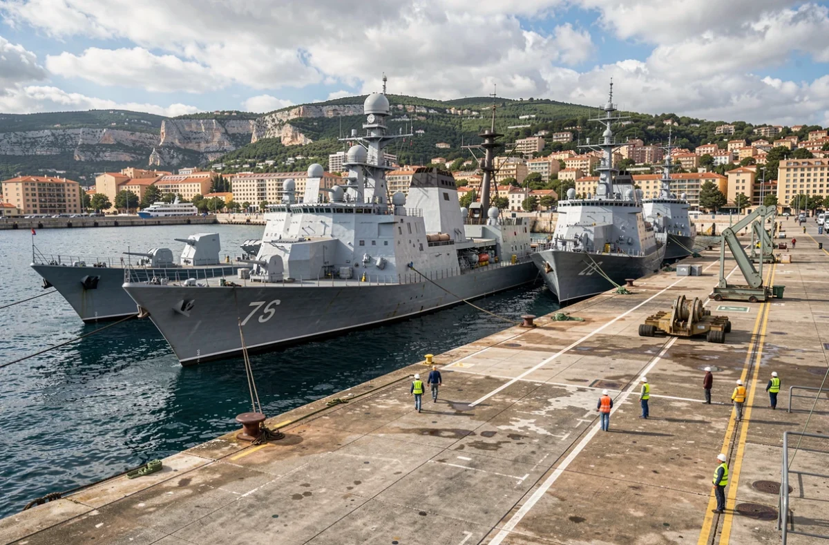 Vue grand angle du port militaire de Toulon avec frégates de la Marine nationale et dockers sur les quais de l'arsenal