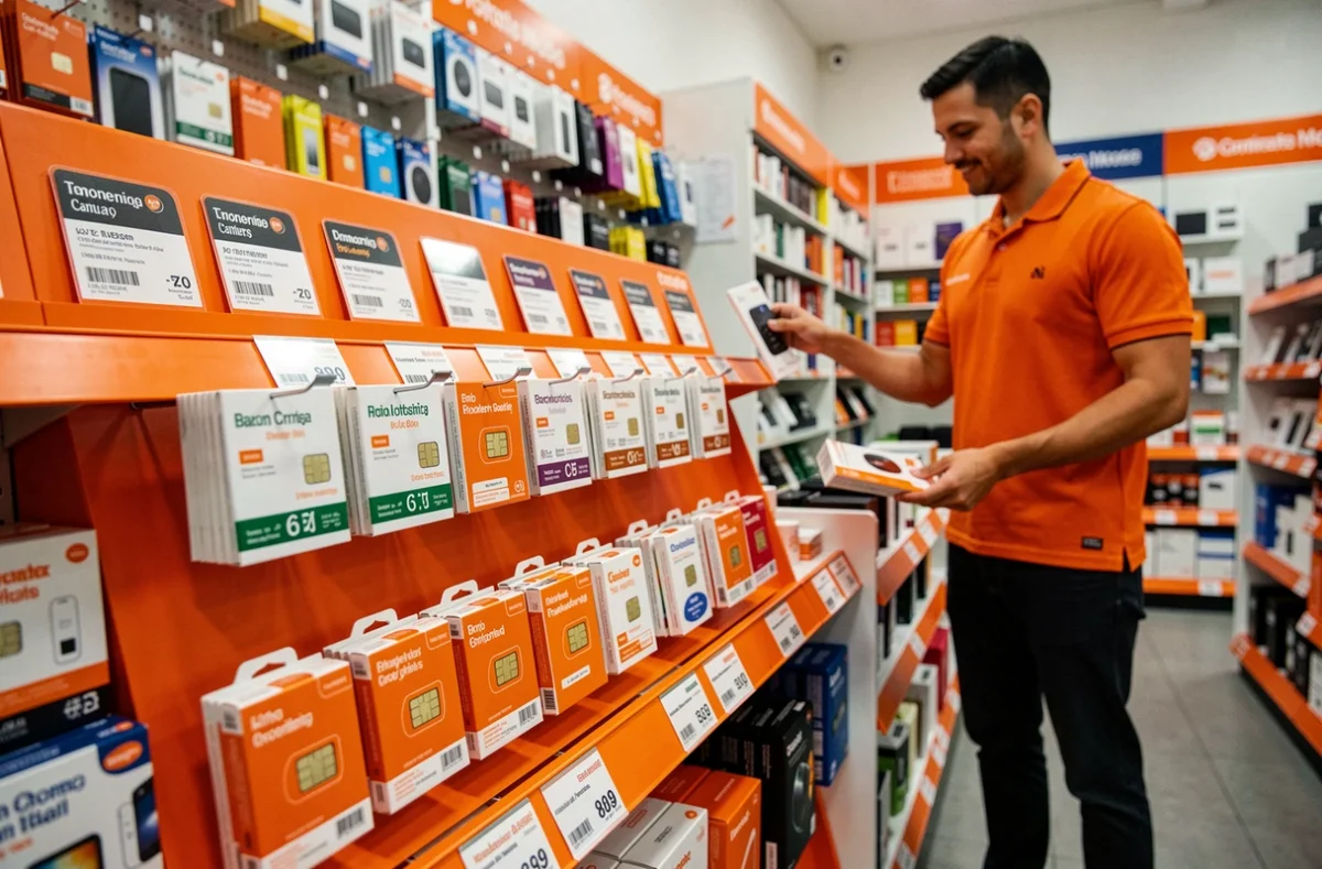 Présentoir en magasin avec plusieurs offres de cartes SIM Orange à prix variés