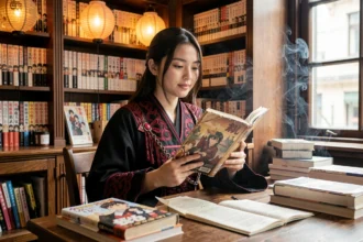 Jeune femme en costume fantasy noir et cramoisi tenant un volume de manga dans une librairie spécialisée manga