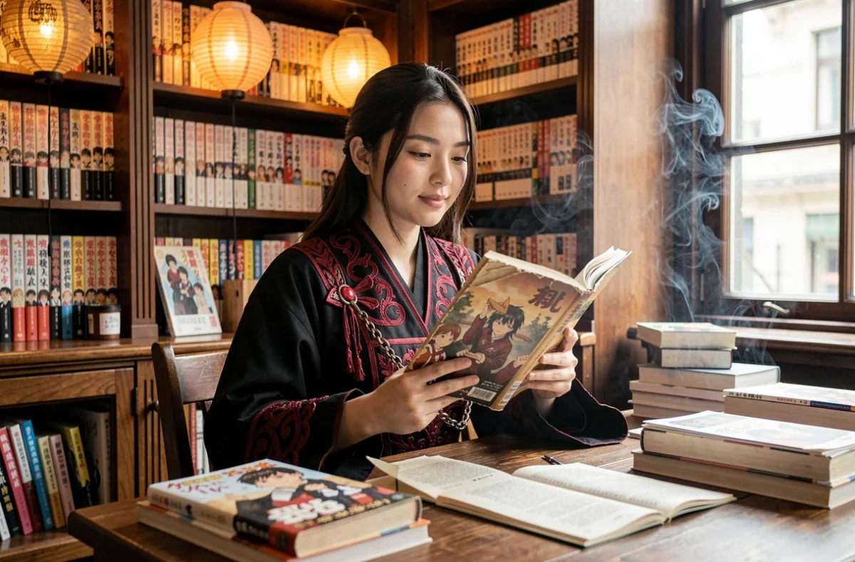 Jeune femme en costume fantasy noir et cramoisi tenant un volume de manga dans une librairie spécialisée manga